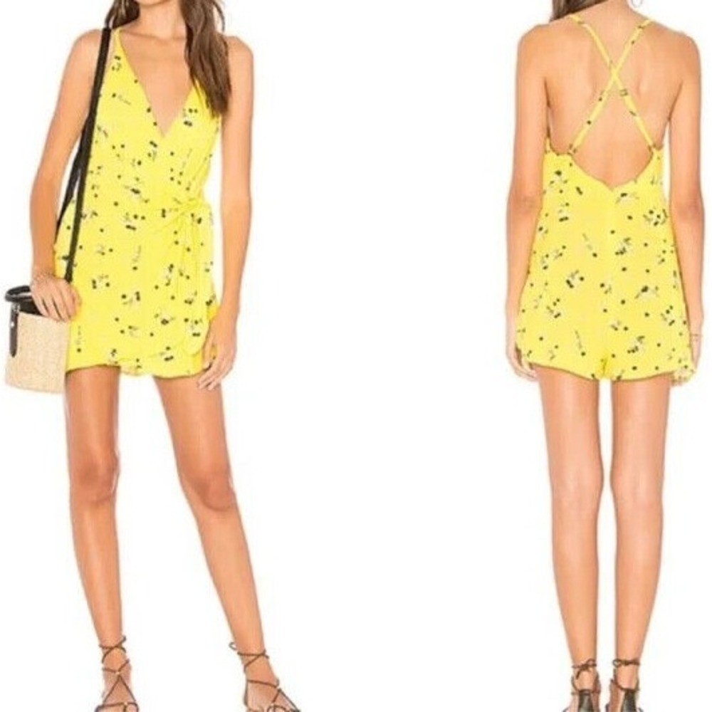 Free People Women 12 Romper Electric Yellow Floral Sleeveless Wrap
